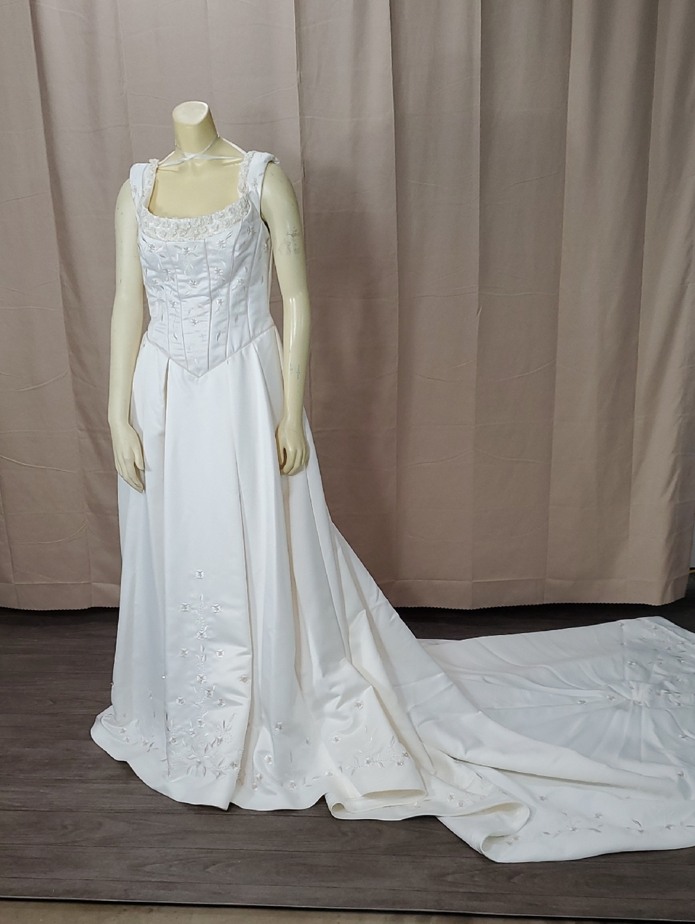 Classic White Bridal Gown with Corset Bodice and Chapel Train